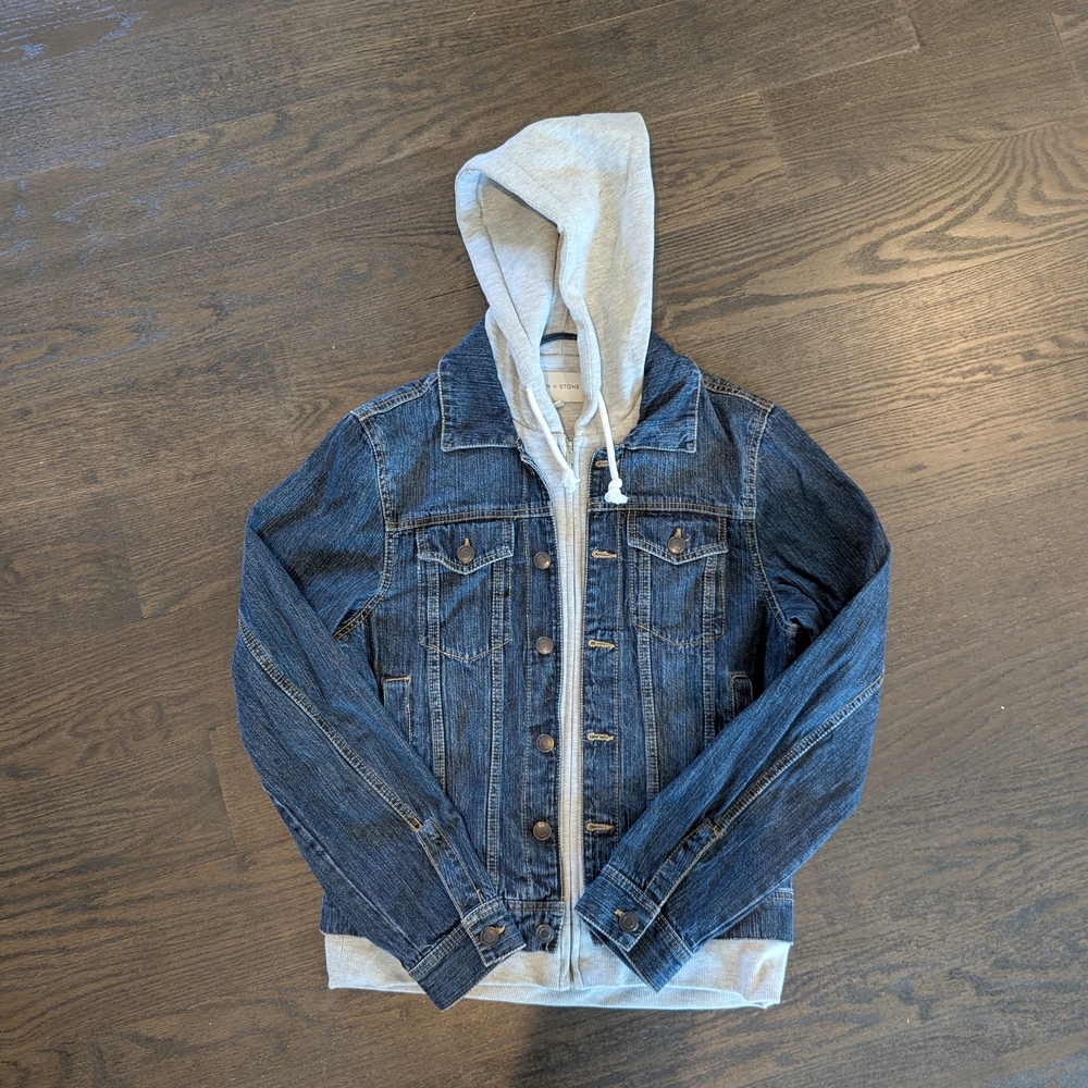 Like New Sun & Stone Men's Reeves Trucker Hooded Blue Denim Jacket Size M
